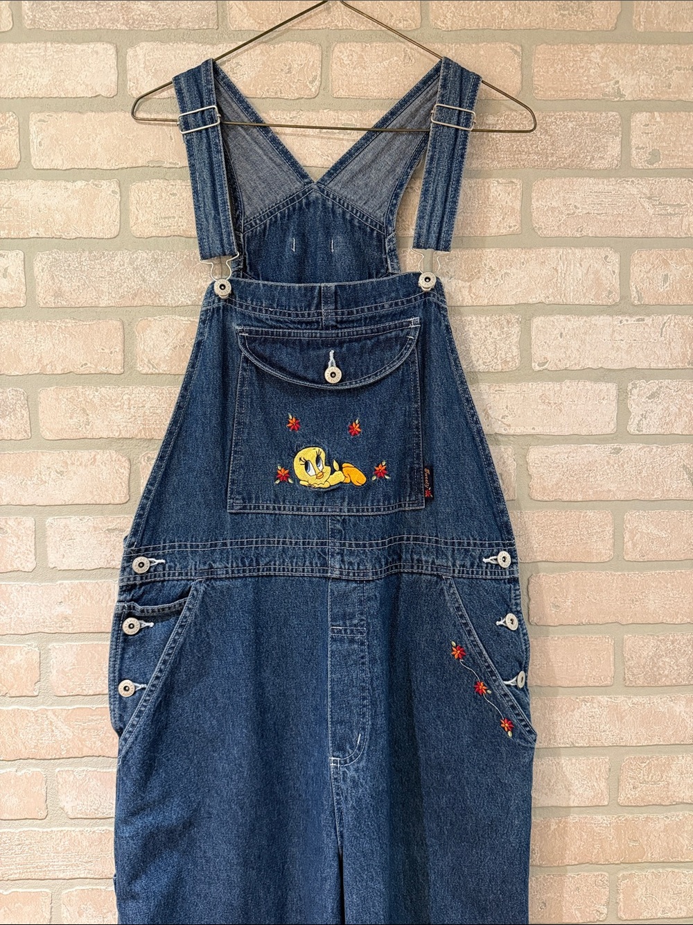 Vintage Looney Tunes Tweety Bird Denim Overalls with Floral Embroidery